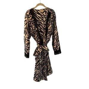 Amoureuse Robe Black White Zebra Print Satin Lace Trim Tie Waist Kimono Large